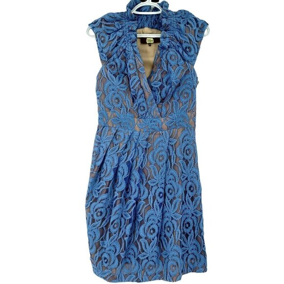 Eva Franco Blue Lace Sheath Dress Women's 6 Mini Pleated Party Formal Event - Picture 2 of 11
